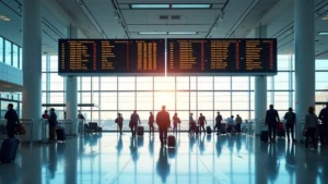 Modern airport terminal interior with departure boards, contemporary architecture, travelers with luggage, bright natural lighting, glass and steel design, busy but organized atmosphere