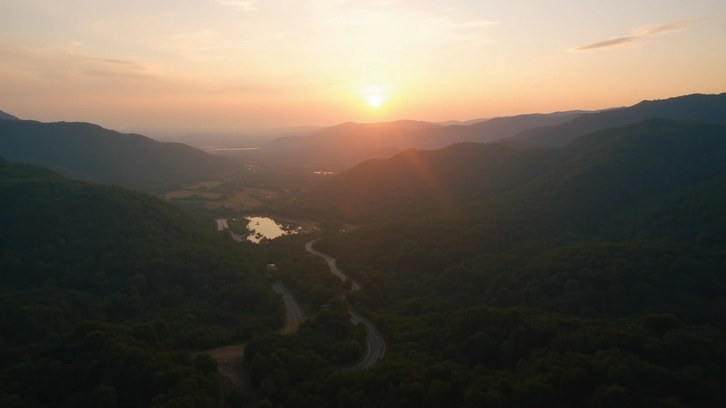 Aerial landscape view of Virginia mountains and valleys during golden hour, winding roads through forested terrain, small airport runway visible in distance, scenic rural Virginia countryside