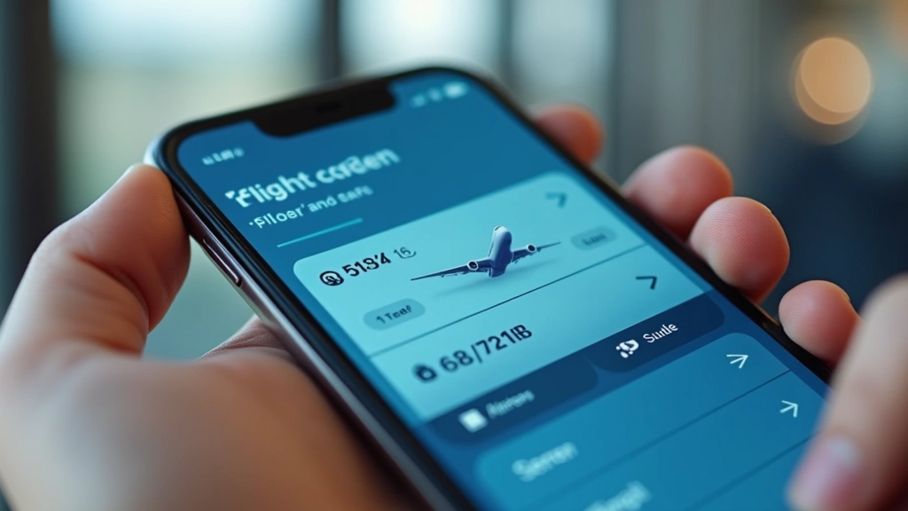 Close-up of smartphone displaying flight booking app, airport code on screen, hand holding phone, airline logo visible, modern interface design, travel planning technology in focus