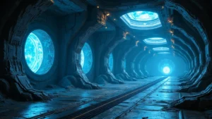 Photorealistic underground tech facility with glowing blue energy systems and ancient machinery, no text visible, detailed metallic surfaces and crystalline power cores