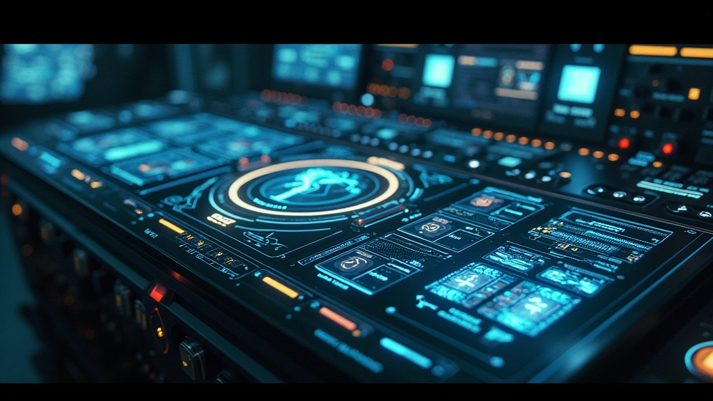Advanced control terminal station with holographic interface elements and geometric patterns, highly detailed technological equipment, atmospheric lighting, no screen text or labels