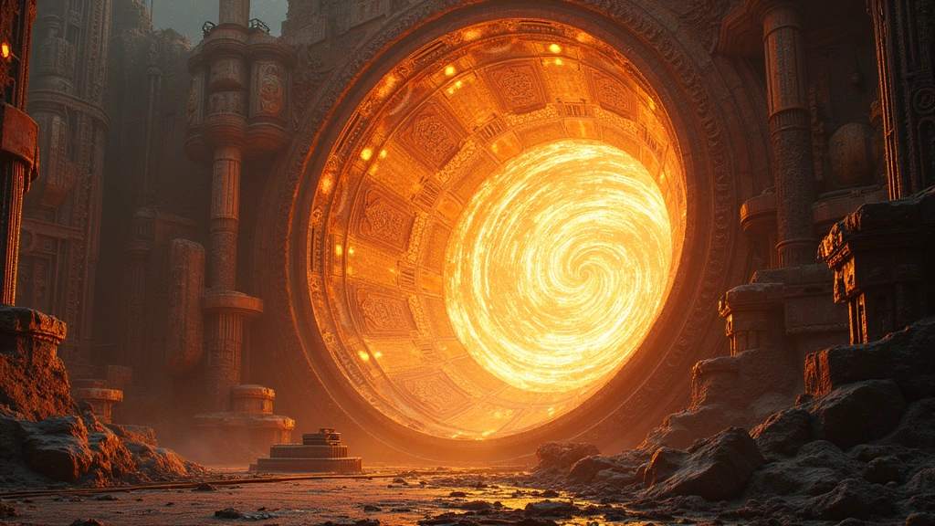 Massive power generation chamber with swirling energy vortex and intricate machinery, ancient and futuristic design fusion, dramatic lighting effects, no readable text