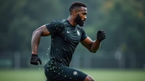 Professional football player wearing Nike gear performing advanced athletic movement during high-intensity training session with motion capture markers visible on body