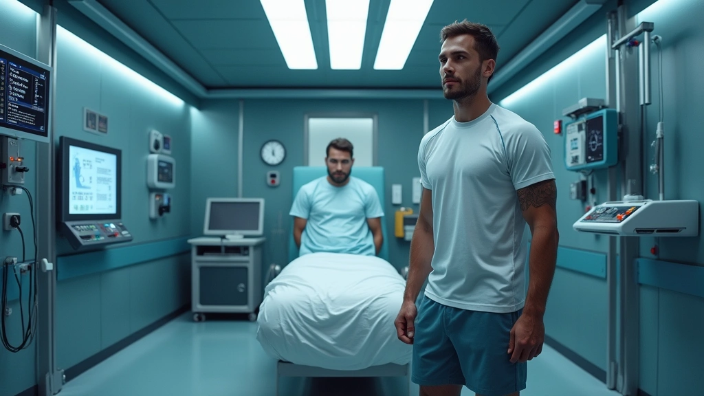 Professional athlete in recovery chamber facility with advanced medical technology equipment including compression therapy systems and monitoring devices in clinical sports science setting
