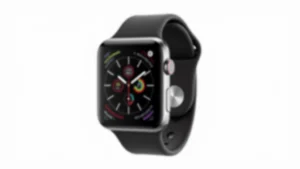 Professional product photography of Apple Watch Series 9 with sleek aluminum case and bright always-on display showing fitness metrics, isolated white background, premium lighting