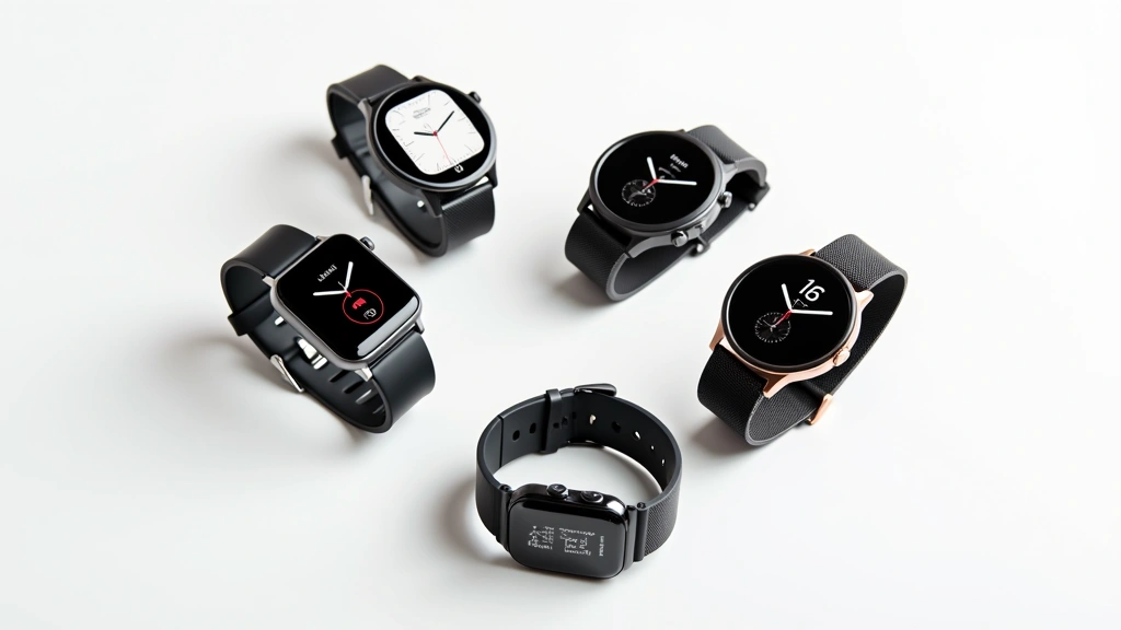 High-quality flat lay composition of five different smartwatches arranged in a circle, various brands and styles, showing diverse design approaches, clean white surface, professional studio lighting