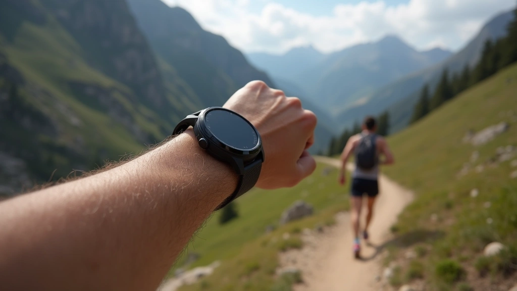 Action shot of runner wearing Garmin Epix Gen 2 smartwatch during outdoor trail running, rugged mountainous landscape background, device clearly visible on wrist, natural daylight photography