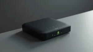 Modern smart home hub device with illuminated status indicators on sleek matte black surface, professional product photography with neutral background