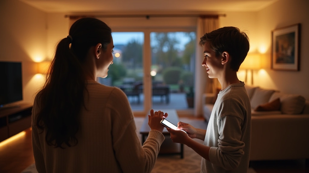 Family using smartphone to control smart home lights in contemporary living room with warm ambient lighting and modern furnishings visible