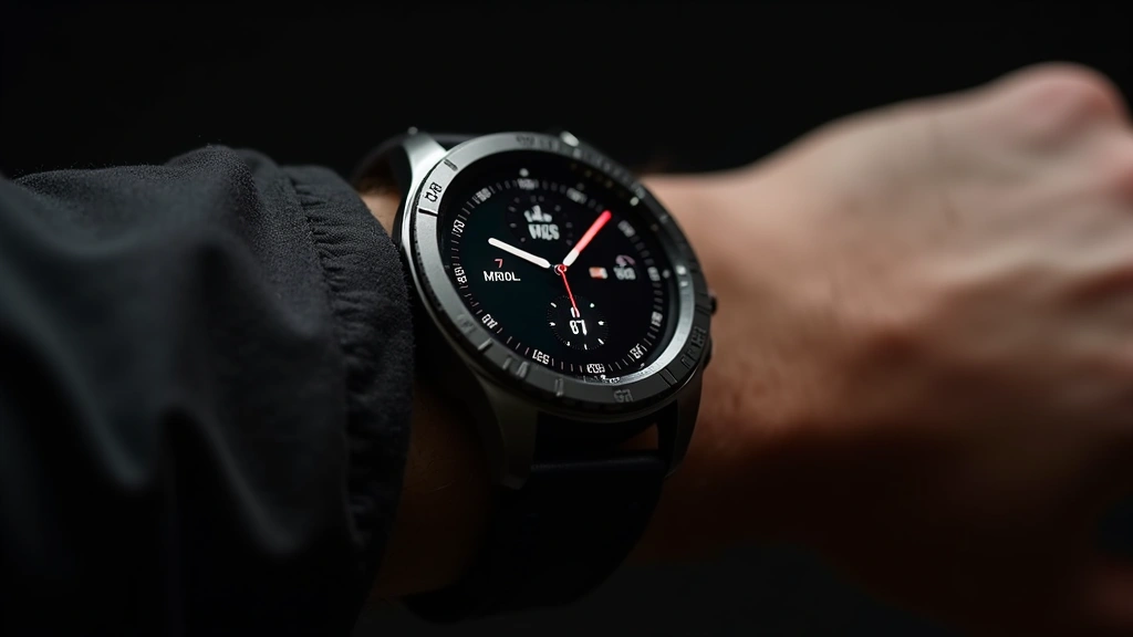 Close-up of silver aluminum smartwatch with AMOLED display showing fitness metrics, worn on wrist against black background, premium lighting