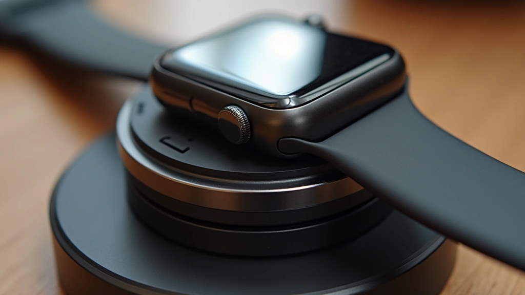 Smartwatch magnetic charging dock connecting to device back plate, detailed macro shot showing metallic contacts and secure connection mechanism