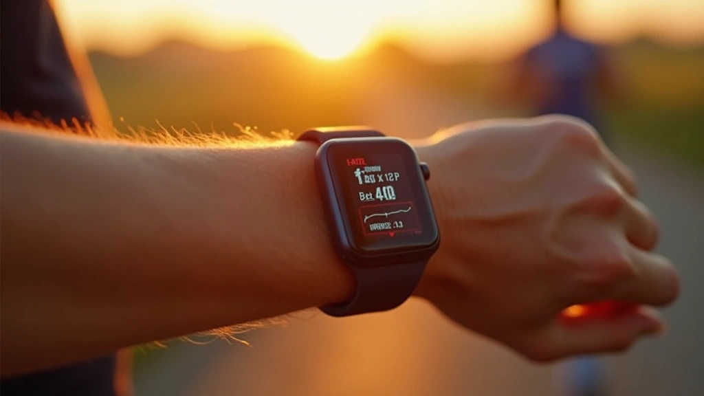 Fitness athlete wearing smartwatch during outdoor running session, sunrise background, watch face visible displaying real-time heart rate and GPS tracking data