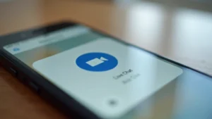 Close-up of smartphone displaying Alarm.com mobile app support interface with live chat icon visible, professional home security setup in blurred background, modern minimalist design aesthetic