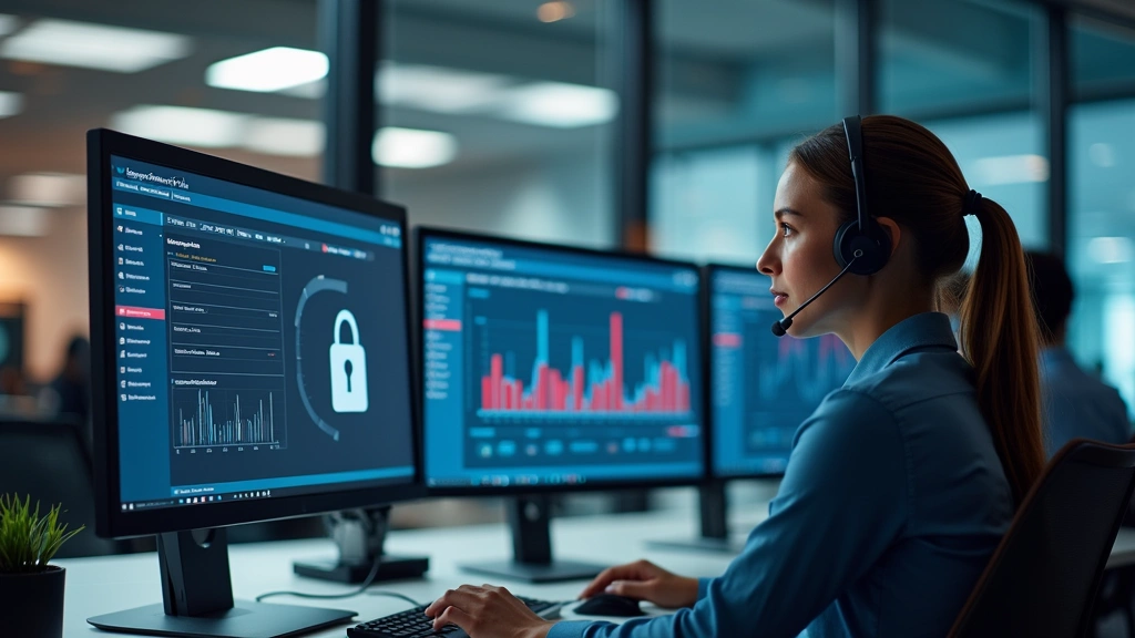 Professional customer service representative wearing headset at computer workstation with multiple monitors showing security dashboard and technical support tools, well-lit modern office environment