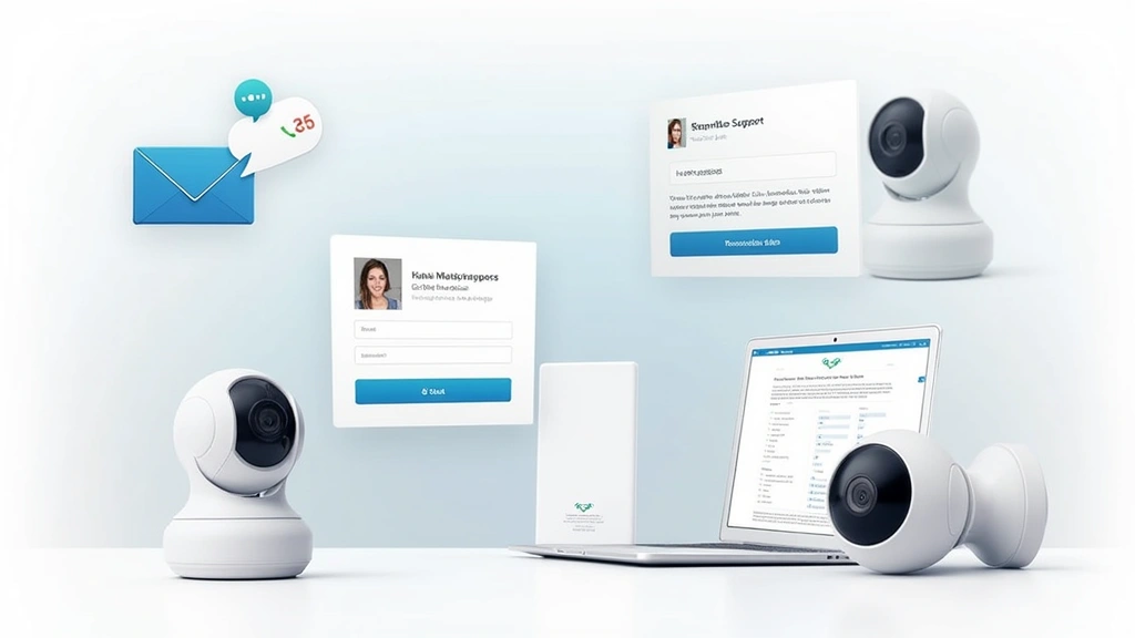 Collage showing various support channels: phone icon, email envelope, live chat bubble, and knowledge base interface elements overlaid on smart home security devices like cameras and panels