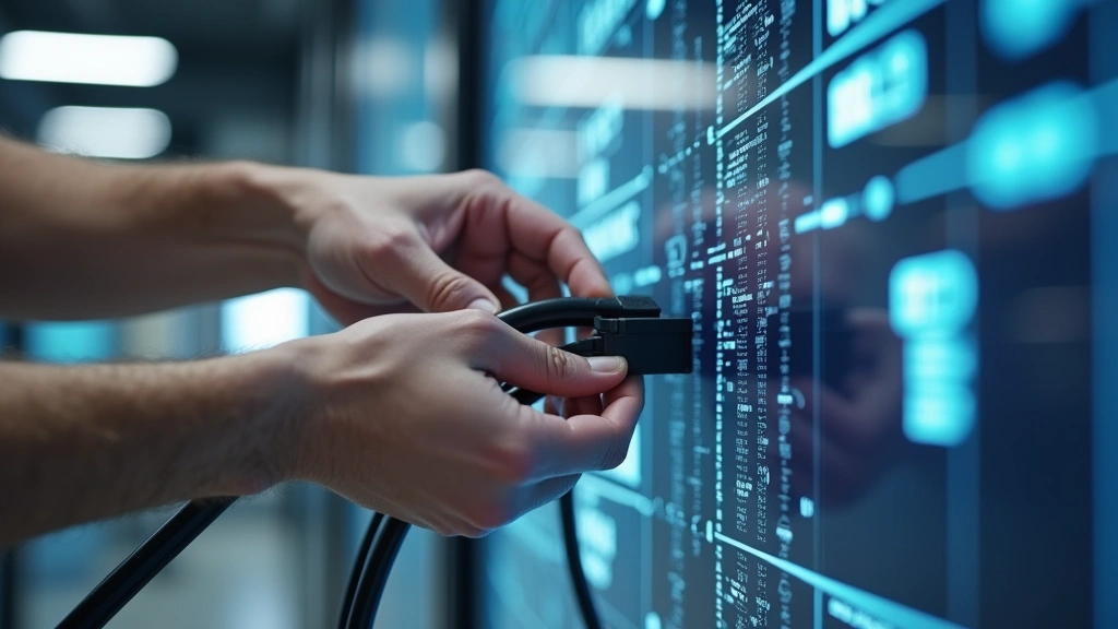 Close-up of modular display panels being installed, technician connecting quick-connect power and data connectors, aluminum frame visible