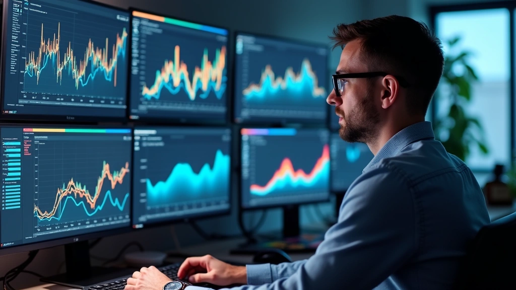 Professional digital marketing analyst reviewing analytics dashboard with colorful traffic graphs and conversion metrics on multiple monitors in modern office