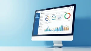 Professional web dashboard interface with colorful analytics charts and performance metrics displayed on modern computer monitor, clean minimalist design with blue and white color scheme
