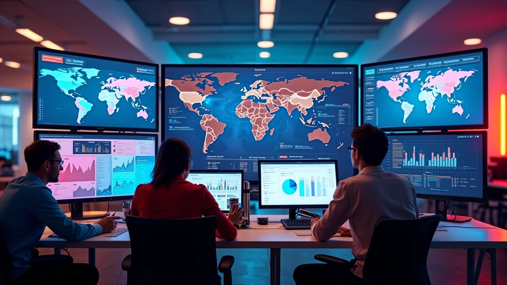 Vibrant tech hub workspace with multiple screens showing real-time advertising campaigns, heat maps, and performance data with collaborative team members working