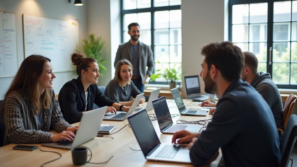 Diverse group of software engineers collaborating in bright startup workspace with laptops, monitors, and whiteboard walls