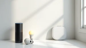 Modern minimalist smart home setup with Echo speaker, Philips Hue smart bulbs, and Nest thermostat on white walls, professional product photography, bright natural lighting