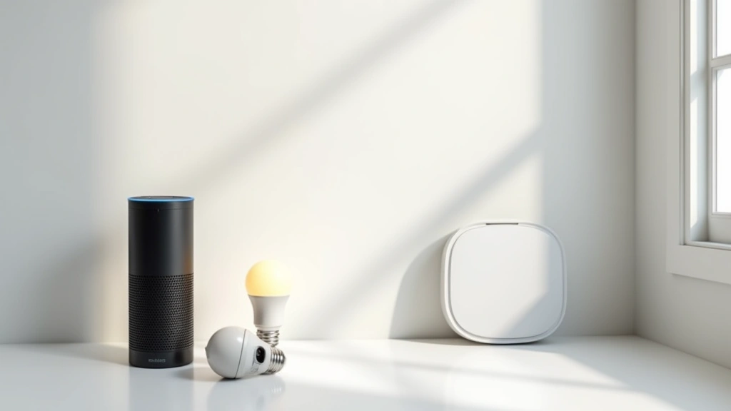Modern minimalist smart home setup with Echo speaker, Philips Hue smart bulbs, and Nest thermostat on white walls, professional product photography, bright natural lighting