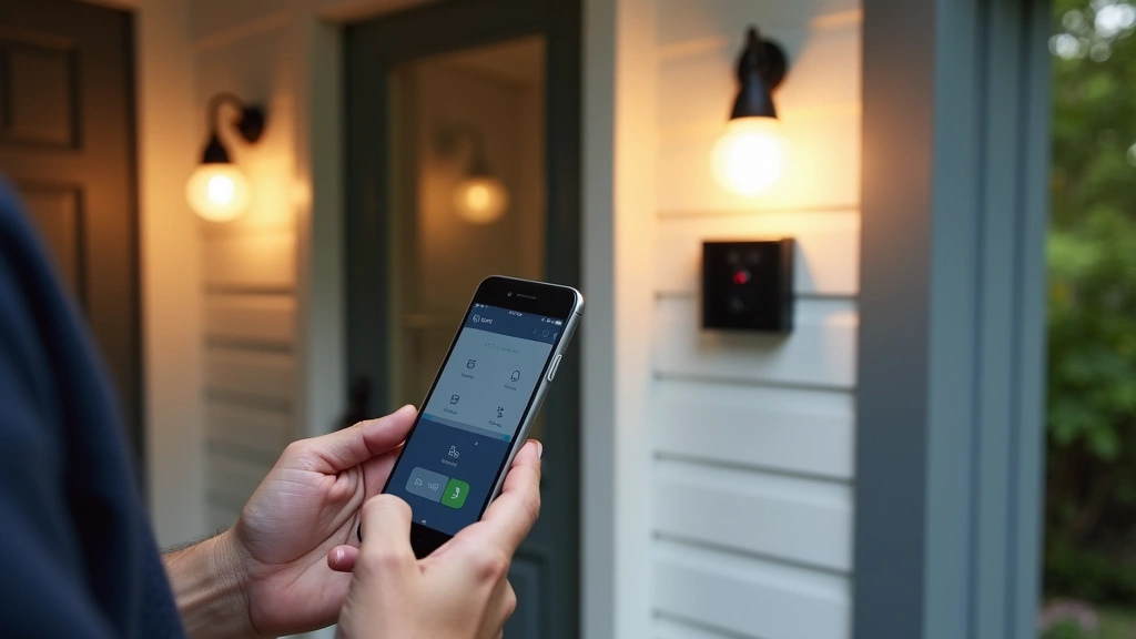 Person using smartphone to control smart home devices with Ring doorbell, smart lights, and security camera visible on home exterior, lifestyle photography, daytime outdoor setting