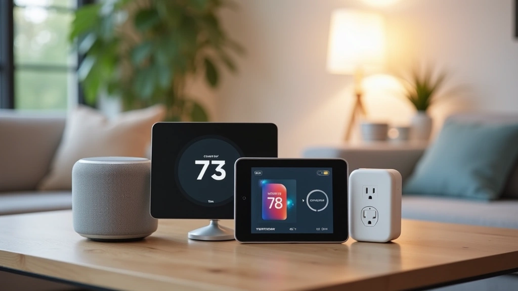 Smart home control center showing multiple connected devices including smart speaker, thermostat display, smart plugs, and lighting controls in contemporary living room, tech product photography