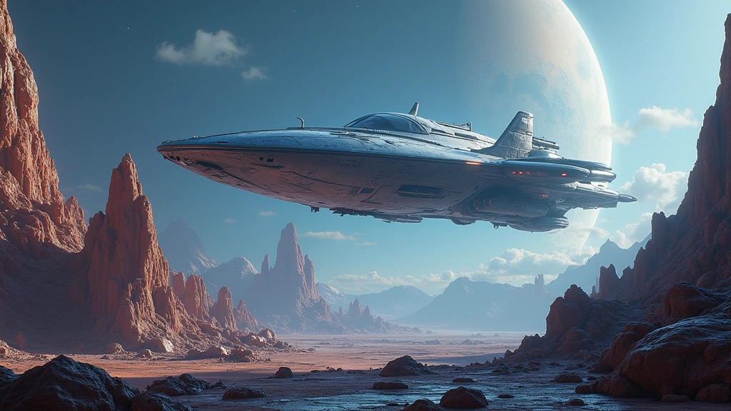 Futuristic spacecraft hovering above alien rocky landscape with crystalline formations, bioluminescent atmosphere, advanced metallic hull reflecting alien sky, photorealistic cinematic lighting