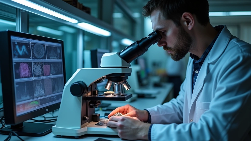 Sophisticated laboratory equipment analyzing unknown metallic artifact, spectrographic displays, electron microscopy imagery, scientist examining sample under advanced optical instruments, professional research environment