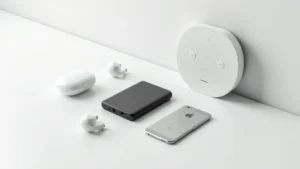 Modern minimalist tech gadgets arranged on white surface including wireless earbuds, portable power bank, and smart home hub device, product photography style