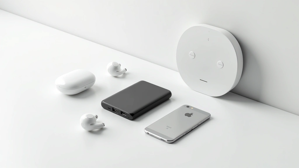 Modern minimalist tech gadgets arranged on white surface including wireless earbuds, portable power bank, and smart home hub device, product photography style