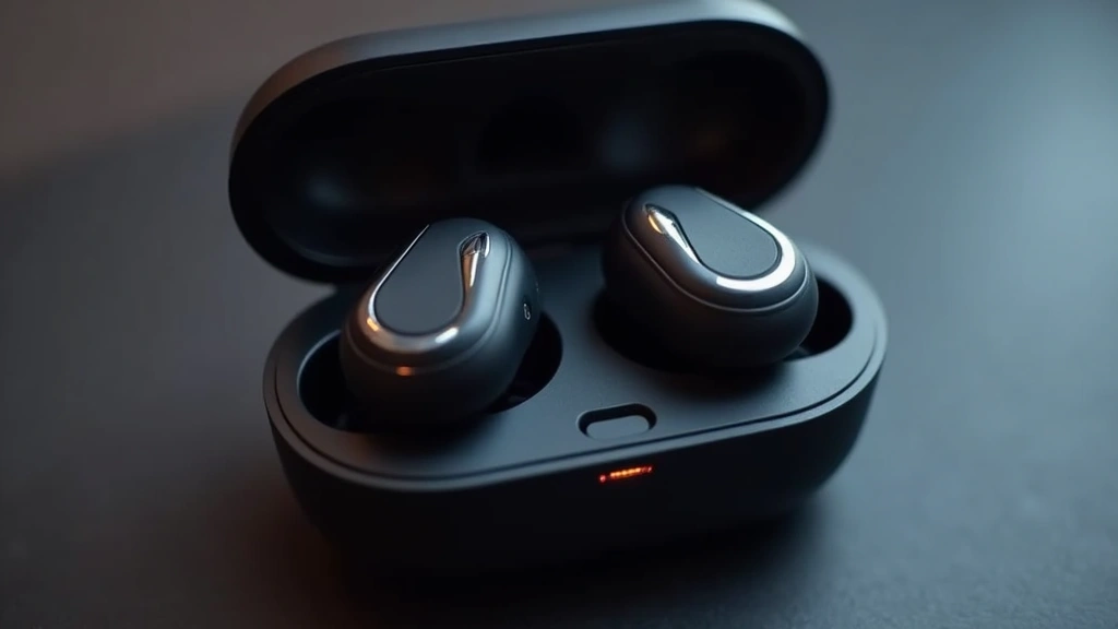 Close-up of premium wireless earbuds with charging case open, showing internal components and LED indicators, professional tech product photography