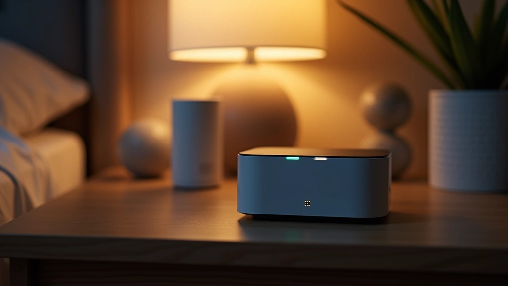 Smart home hub device on nightstand with subtle LED indicators active, surrounded by other connected smart devices, ambient indoor lighting