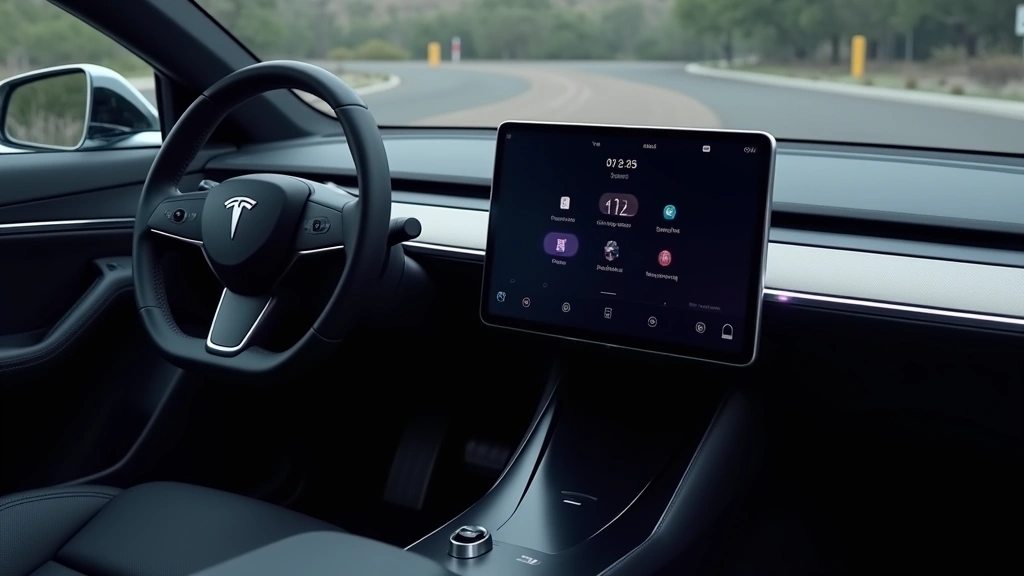 Professional photograph of modern electric vehicle dashboard interior showing advanced touchscreen display, illuminated steering wheel controls, ambient lighting, and premium materials in minimalist design