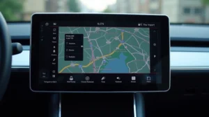 Close-up of modern vehicle dashboard touchscreen infotainment system with sleek interface, displaying navigation map and connected smartphone integration, professional automotive technology photography