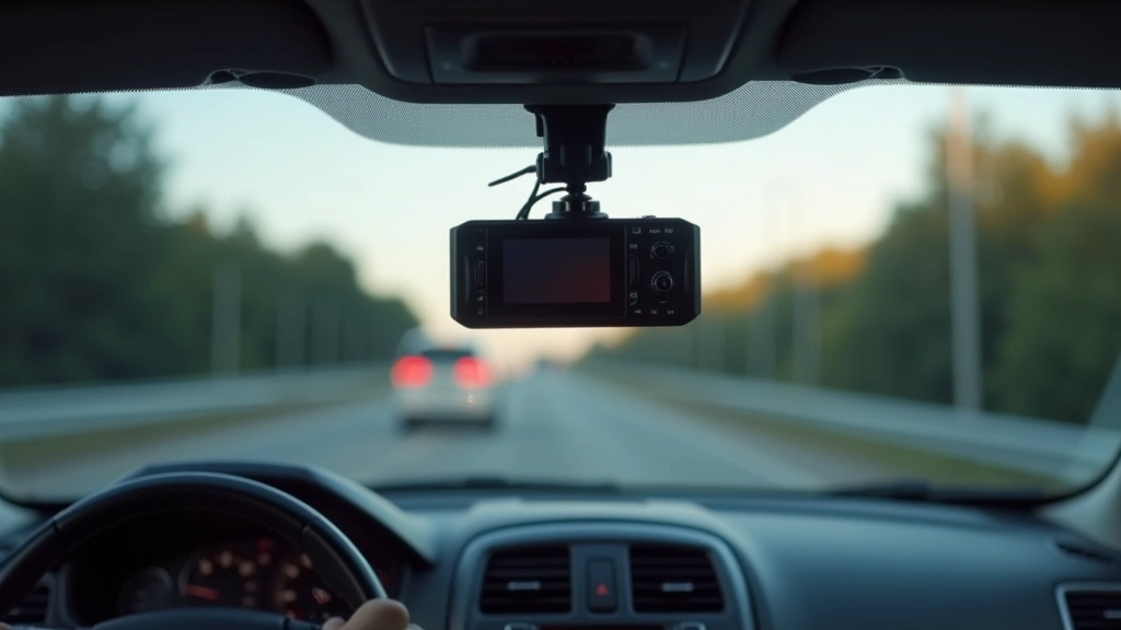 Professional dash camera mounted on windshield capturing road ahead, showing 4K lens and night vision capability, mounted securely with clear road visibility, photorealistic automotive gadget