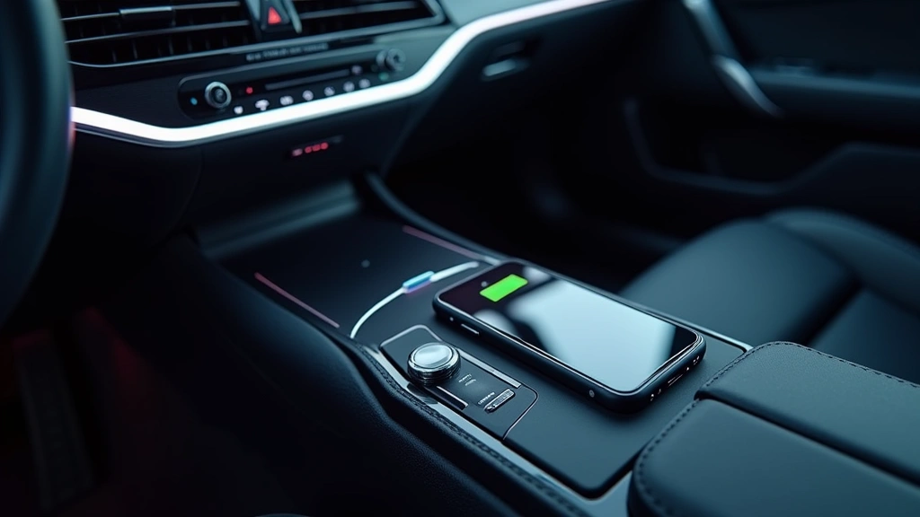 Vehicle interior showing wireless charging pad integrated into center console with smartphone charging, ambient lighting reflecting on modern car interior, professional automotive technology setup
