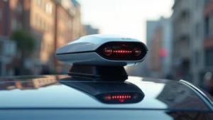 Close-up of advanced LiDAR sensor mounted on autonomous vehicle roof, photorealistic detail showing rotating laser component and metallic housing against blurred urban background