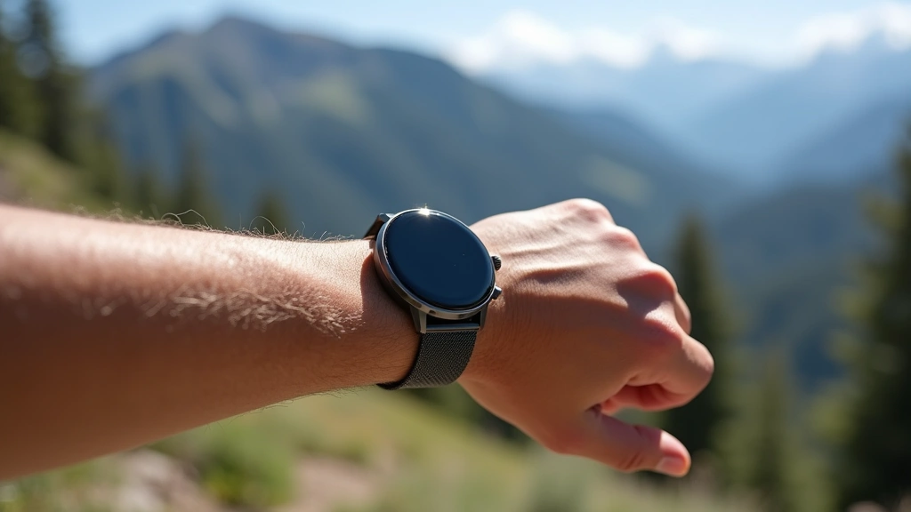 Professional titanium smartwatch with flat edges on athletic wrist, outdoor mountain landscape background, bright sunlight, no screen visible