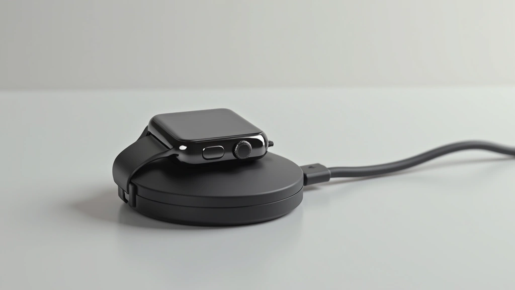 Smartwatch being charged with magnetic connector cable, clean minimalist background, close-up detail of charging mechanism, no product packaging