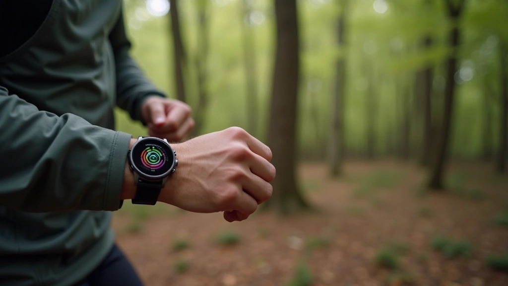 Person wearing premium titanium smartwatch during trail running in natural forest environment, motion blur suggesting movement, no device screen content