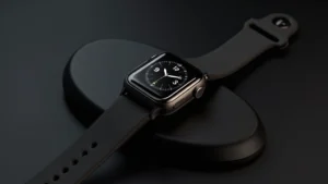 Professional product photography of premium smartwatch on black surface with soft lighting, showing detailed watch face and band, photorealistic tech gadget showcase