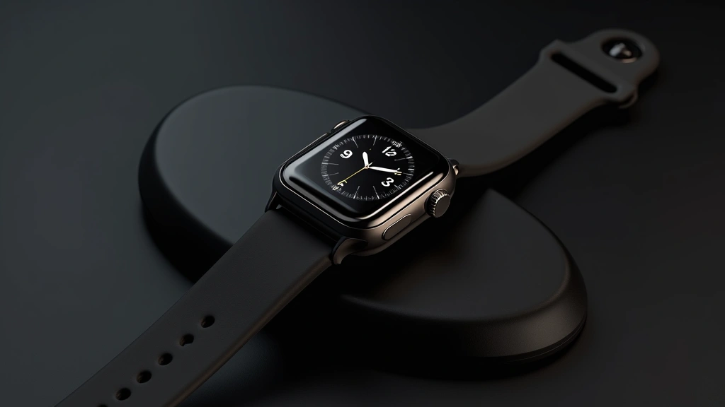 Professional product photography of premium smartwatch on black surface with soft lighting, showing detailed watch face and band, photorealistic tech gadget showcase