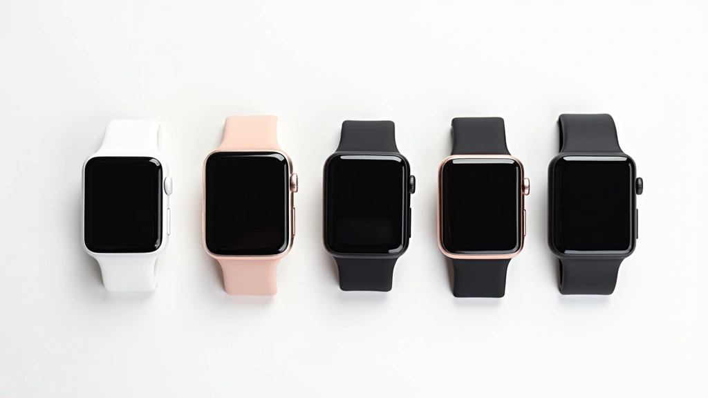 Flat lay arrangement of five different smartwatches displayed side by side on white background, showing diverse designs and screen styles, tech comparison photography