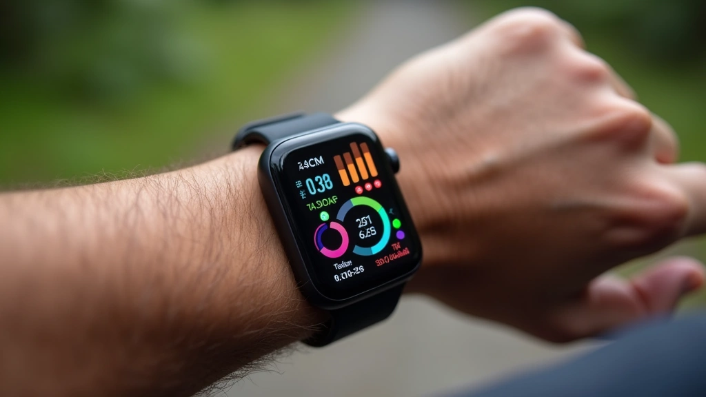 Close-up macro photography of smartwatch display screen showing health metrics and vibrant AMOLED colors, worn on wrist in active outdoor setting, no text visible