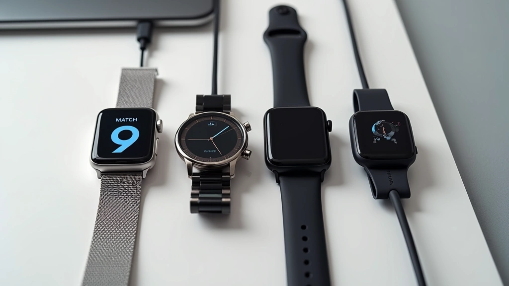 Professional flat lay of smartwatch collection displaying Apple Watch Series 9 stainless steel, Samsung Galaxy Watch 6 AMOLED screen, Garmin Epix Gen 2 with topographic interface, and Fitbit Sense 2 showing health metrics, arranged on modern minimalist surface with charging cables