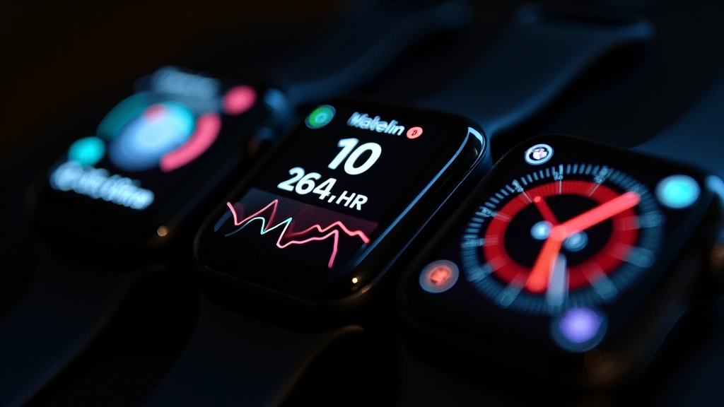 Close-up detailed shot of smartwatch displays showing vibrant AMOLED technology, fitness metrics, heart rate graphs, and notification interfaces with crisp typography and colorful health indicators on black background