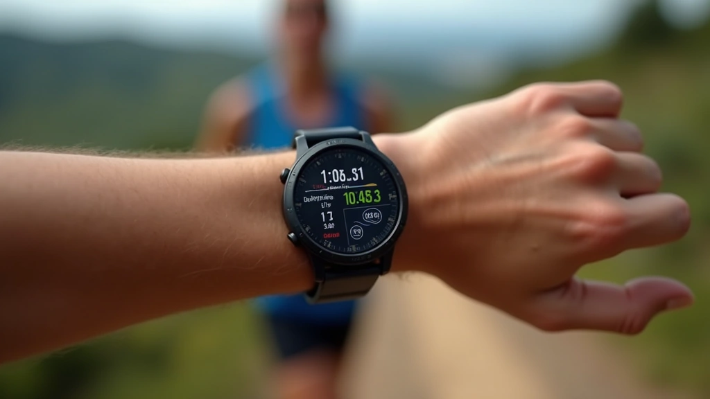 Lifestyle action photograph of runner wearing premium smartwatch during outdoor trail run, showing wrist-mounted device with visible fitness tracking metrics, GPS mapping, and active workout data in natural daylight with blurred landscape background