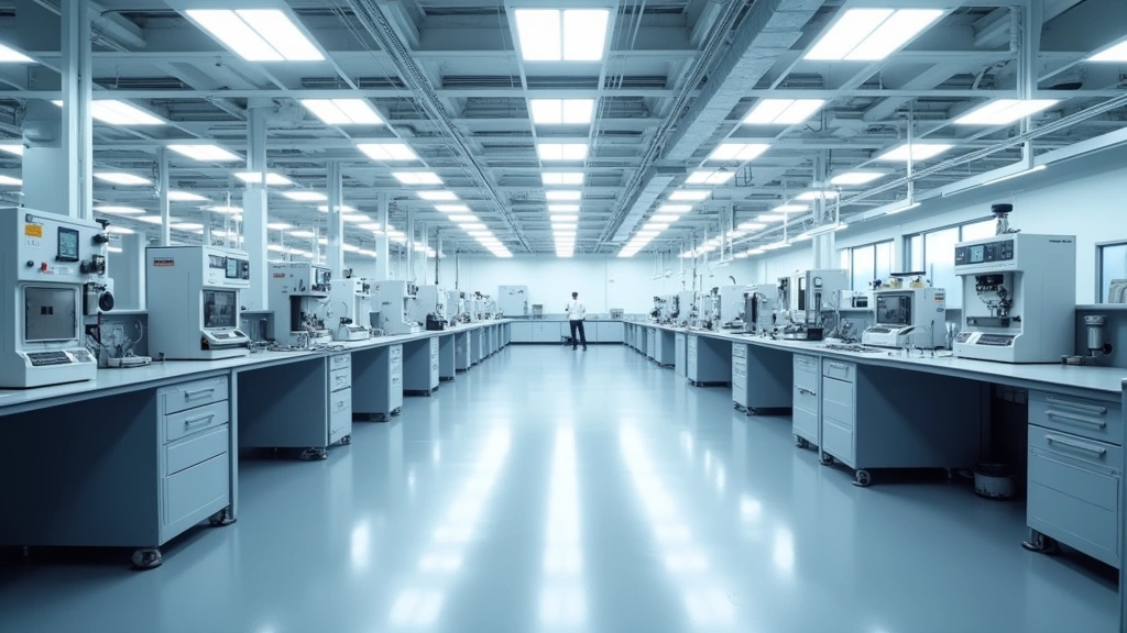 Modern industrial laboratory facility with precision testing equipment, calibrated instruments on workbenches, bright fluorescent lighting, clean room environment, no people visible, photorealistic